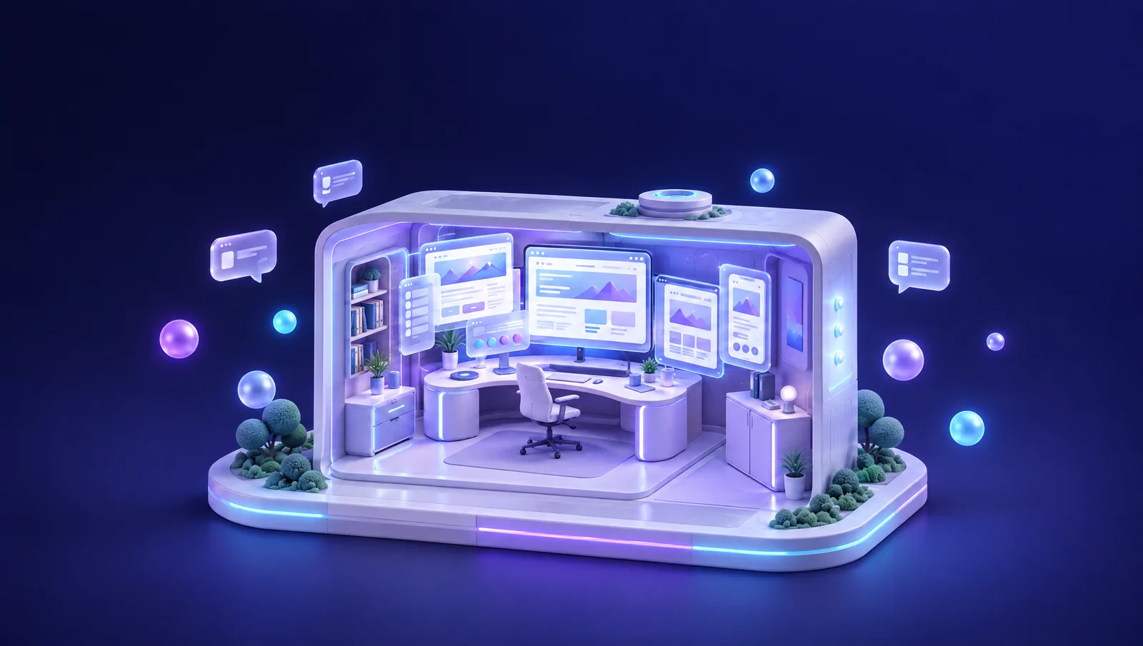 3D illustration of a website design studio with screens and floating page layouts.
