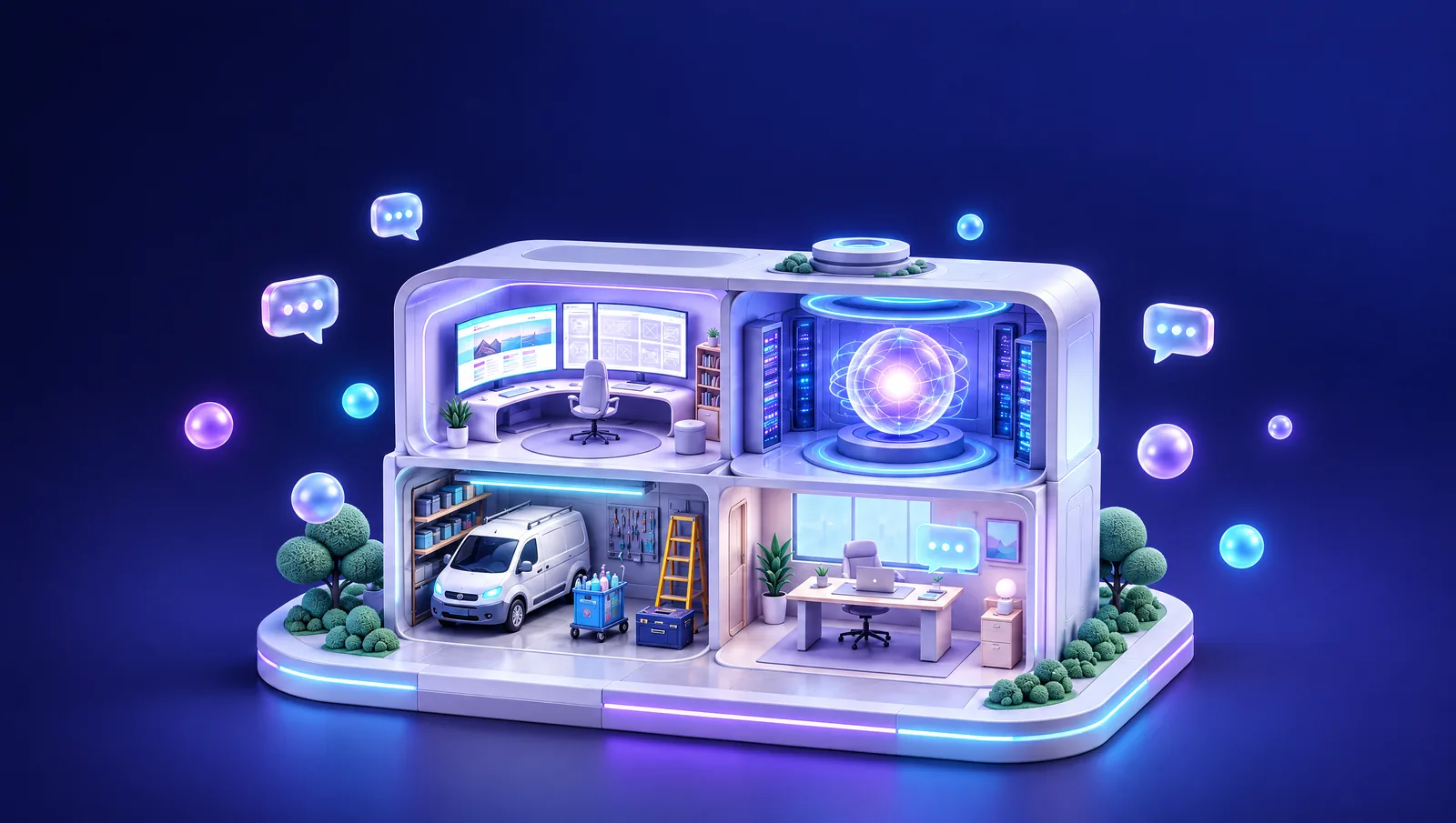 3D illustration of the NexaCoreAI studio: a website design room, an AI core, a home-services garage, and a professional office.